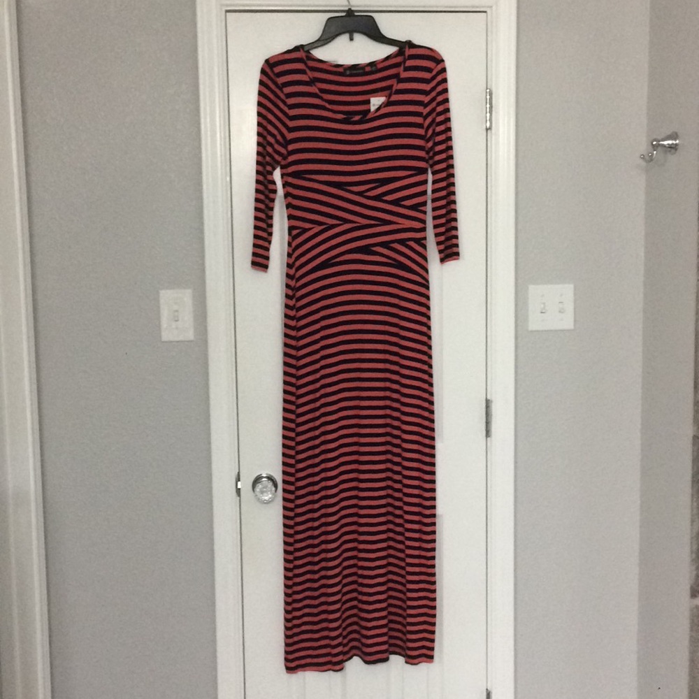 Long coral and blue dress